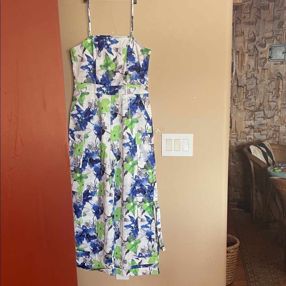 Floral Strap Maxi Jumpsuit in Blue & Green Sz L 4 pockets PTP 18” L 52”